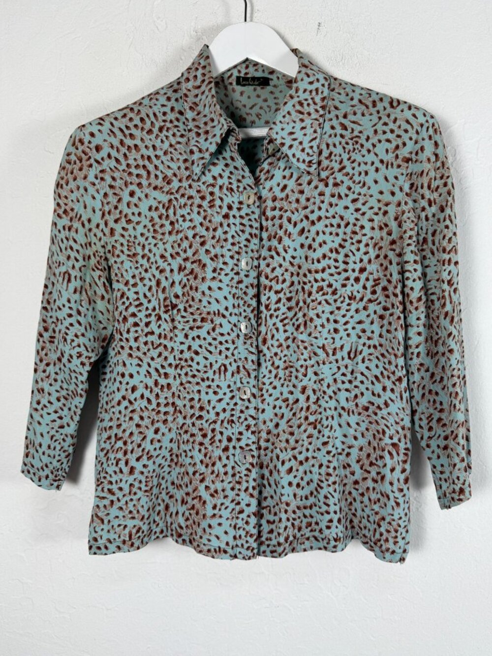 Loco Lindo Women's Blue Brown Animal Print Button Up 3/4 Sleeve Blouse Top Large